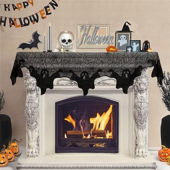 Halloween Decorations Indoor Fireplace Mantel Scarf, Black Lace Ghost Spiderweb - Picture 7 of 7